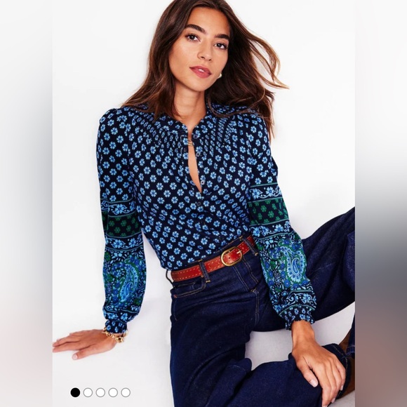 Boden Tops - Boden Size 0 Blue Fay Smocked Jersey Shirt